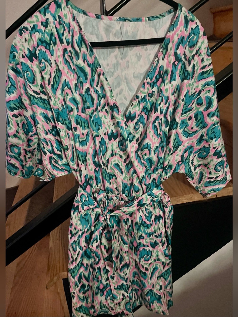 Tropical Belted V-neck Romper, Sz Lg